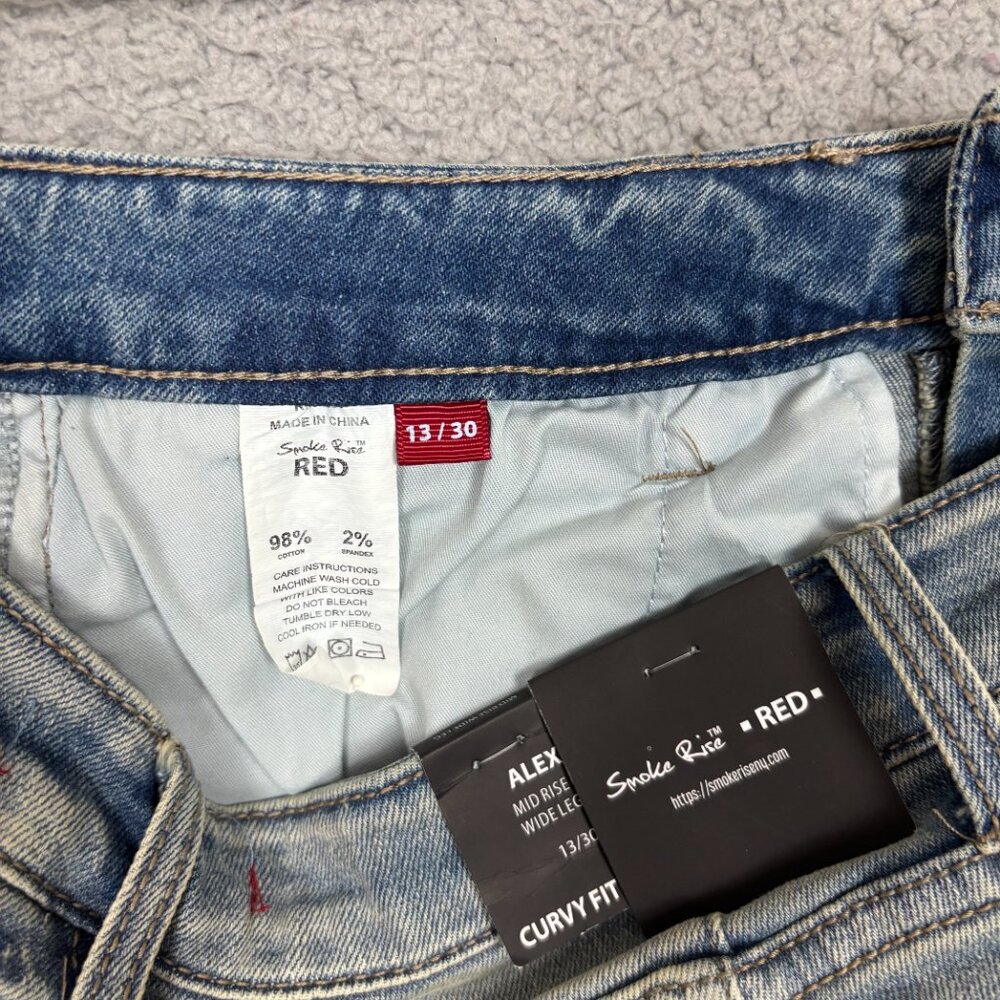 Smoke Rise Red Women's Wide Leg Jeans Distressed Grunge Curvy Fit 13/30 Blue NWT - Picture 10 of 12